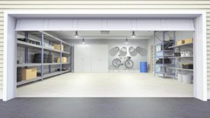Open garage door reveals a well-organized garage with a pearly white garage floor coating