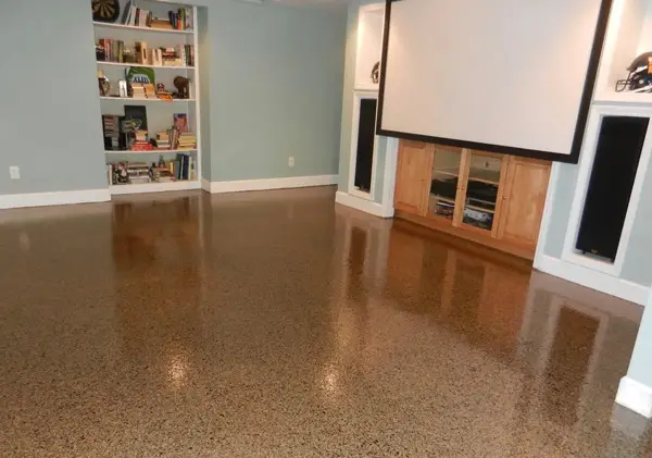 Full Flake Epoxy Flooring installed in a basement for waterproofing basement