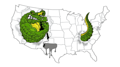Illustrated map of the USA with a green alligator mascot wrapped around the southern states, tail reaching east